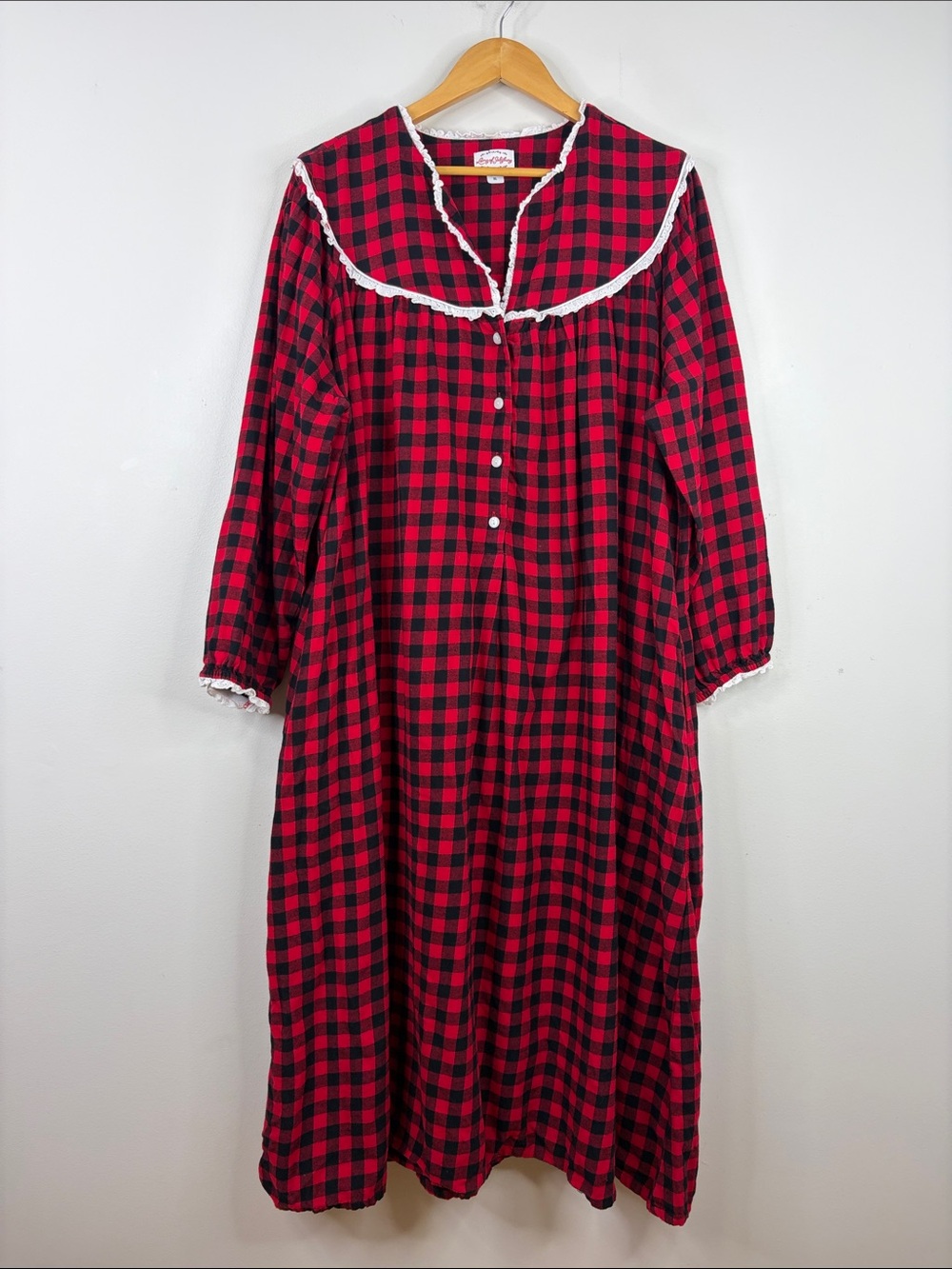 Lanz of Salzburg Nightgown Womens XL Black Red Buffalo Plaid Cotton Flannel Maxi